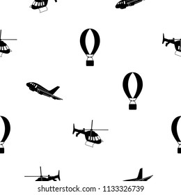 Seamless pattern with black air plane, helicopter and air balloon. Vector illustration