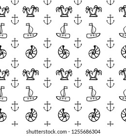 Seamless pattern with black anchors, boats, palms and sea shells on a white background