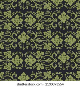 Seamless pattern in black ang green, vintage Victorian floral ornament of wild flowers, scrolls and swirls