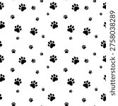 Seamless pattern of black animal paw prints on white background, cute cat and dog footprint repetitive texture.