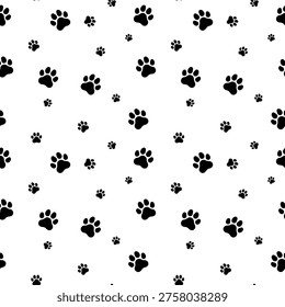 Seamless pattern of black animal paw prints on white background, cute cat and dog footprint repetitive texture.