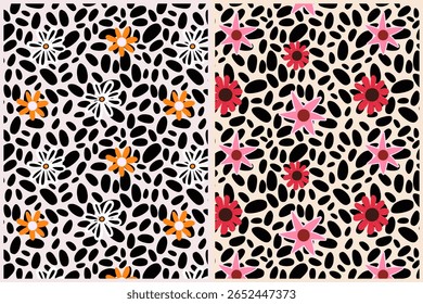 Seamless pattern with black animal skin spots and bright flowers. Bold and modern design for fashion, textile, wrapping paper or decorative surface.