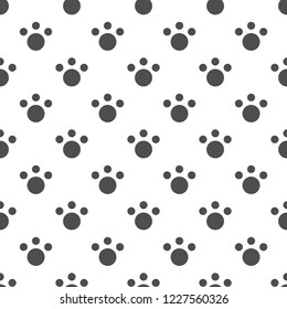 seamless pattern with black animal trace. animal, pet shop ornament. Vector flat illustration. White background with kitty paw footprint, footstep.