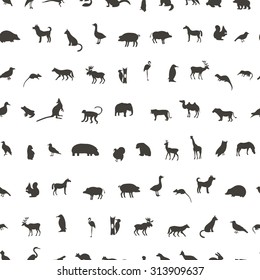 Seamless pattern with Black Animals and Birds Silhouettes. Hand drawn vector illustration.