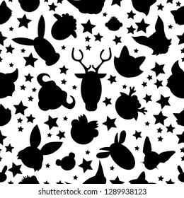 Seamless pattern. Black animals silhouettes. Transparent background. All elements isolated