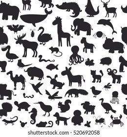 Seamless pattern with black animals silhouettes. Cute background. Vector illustration