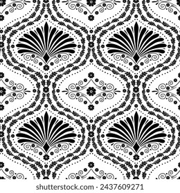 Seamless pattern with black anthemion floral shapes and ogee geometrical motifs on a white background. Monochrome classic abstract repeat wallpaper.