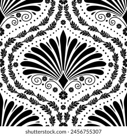 Seamless pattern with black anthemion floral shapes and ogee geometrical motifs on a white background. Monochrome classic abstract repeat wallpaper.