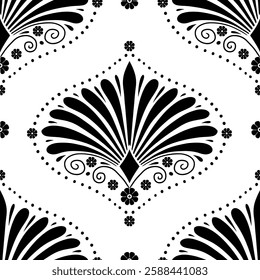 Seamless pattern with black anthemion floral shapes and ogee geometrical motifs on a white background. Monochrome classic abstract repeat wallpaper.