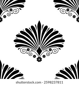 Seamless pattern with black anthemion floral motifs on a white background. Monochrome classic abstract repeat wallpaper.