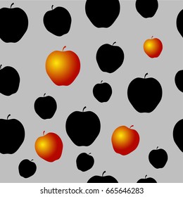Seamless Pattern with black apples and some gold on the Grey Background. 