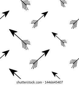 Seamless pattern with black arrow. Doodle hand drawn art. Vector linear design on white background.