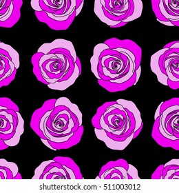 Seamless pattern with black background and abstract violet stylized roses. Vector illustration.