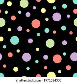 Seamless pattern. Black background with colorful circles . Vector illustration.	