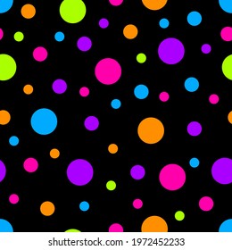 Seamless pattern. Black background with colorful circles . Vector illustration.