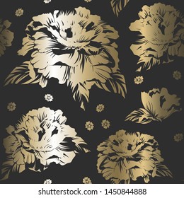 Seamless pattern with black background and golden flowers, golden roses or peonies
