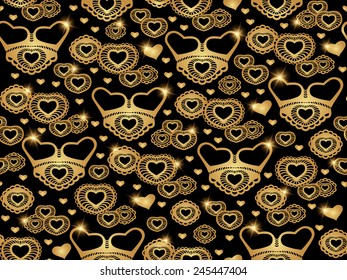 Seamless pattern, black background and golden hearts with glowing lights