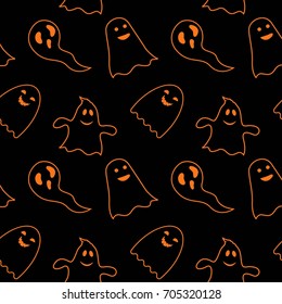 Seamless pattern black background with orange endless ghost on halloween festive, Vector illustration
