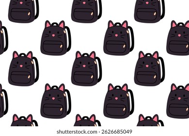 Seamless pattern of black backpacks with cat ears and face on white background