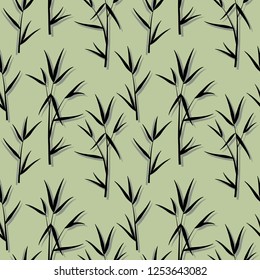 Seamless pattern with black bamboo leaves and sprouts branches in Japanese style, green background. Vector eps 10 illustration