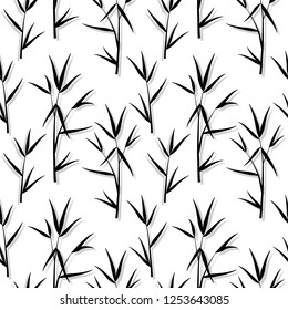 Seamless pattern with black bamboo leaves and sprouts branches in Japanese style, white background. Vector eps 10 illustration