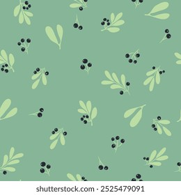 Seamless pattern with black barries and leaves on green backgraund.
