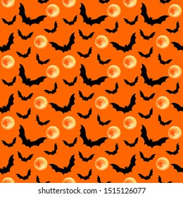 Seamless pattern with black bat, full moon. Halloween background vector design.