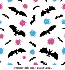 Seamless pattern with black bat silhouettes and coronavirus outbreak cells. Influenza background,  pandemic medical health risk concept. Vector illustration.