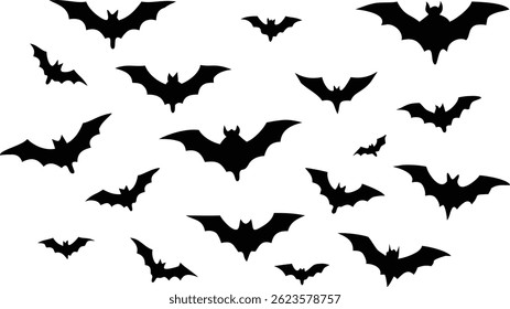 Seamless pattern with black bat silhouettes with extended wings on a white backdrop. Creepy halloween theme illustration for print, background and decoration.