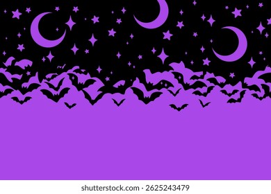 Seamless pattern of black bat silhouettes, crescent moons and stars. Horizontal seamless pattern