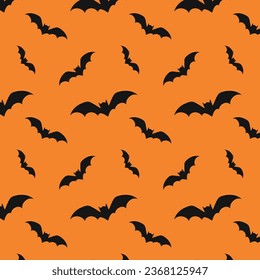 Seamless Pattern of Black Bats on Orange Background. Vector Illustration. Halloween Background