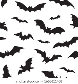 Seamless pattern with black bats. Scary vampire bat silhouettes background. 