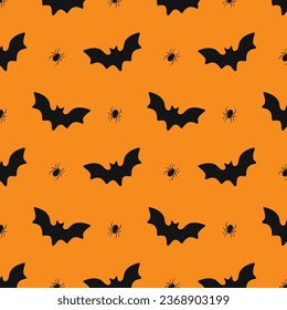 Nahtlose Muster schwarzer Fledermäuse und Spinnen auf orangefarbenem Hintergrund. Vektorgrafik. Halloween-Hintergrund