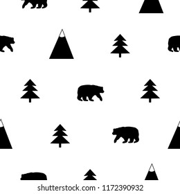 Seamless pattern with black bear, mountains and fir-tree on the white background. Vector illustration