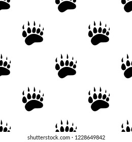 seamless pattern with black bear trace. Vector flat illustration. White background with polar bear paw footprint, footstep. 