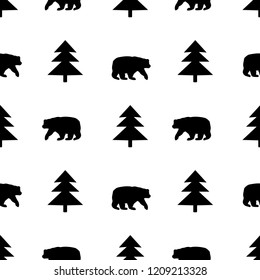 Seamless pattern with black bears and firs on the white background. Vector illustration