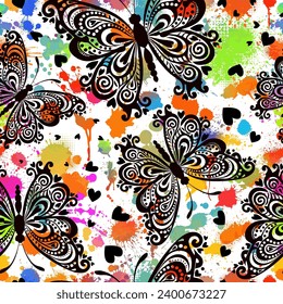 Patrón sin foco, bellas mariposas negras sobre un fondo de manchas de color. dibujo a mano. No IA, ilustración vectorial