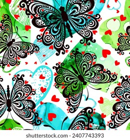 Seamless pattern black beautiful butterflies on a colored background of blots. hand drawing. Not AI, Vector illustration