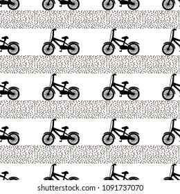 Seamless pattern with black bicycles and dots. Vector illustration
