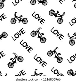 Seamless pattern with black bicycles  and words Love on the white background. Vector illustration