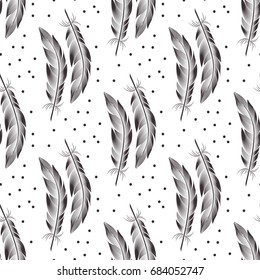 Seamless pattern of black big feathers and dots. Contours vector graphics. Style engraving