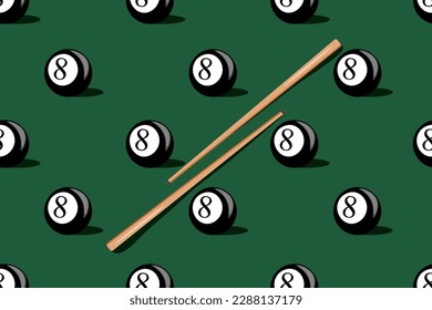 Seamless pattern with Black Billiard Ball number eight and cue. Endless background with Pool Ball. Banner for Snooker website. Vector illustration. Wallpaper with table game.