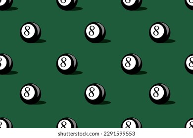Patrón sin brillo con Black Billiard Ball número ocho. Fondo de escritorio con Pool Ball. Cartel del sitio web de Snooker. Ilustración vectorial. 