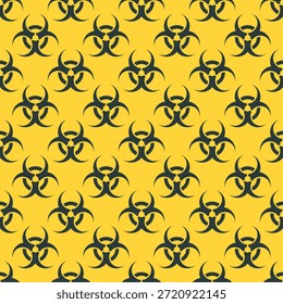Patrón sin fisuras de símbolos de riesgo biológico negro sobre un fondo amarillo.