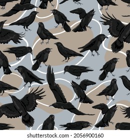 Seamless pattern with black birds crows Corvus corax in different poses stand, croak and fly. Wild birds of nature and cities. Realistic vector animal