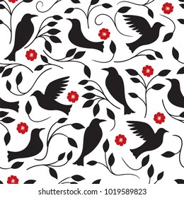 seamless pattern of black birds and leaves with a touch of red flowers
