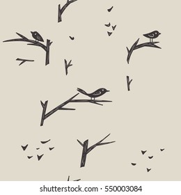 Seamless pattern. Black birds on branches