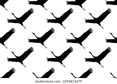 Seamless pattern with Black Birds silhouette on white background. Crane Wedge. Flock of Storks. Victory Day concept. Wallpaper and bed linen print. Vector illustration.