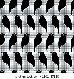 Seamless pattern with black birds in squared background. Nordic style. Black and white.