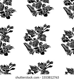 Seamless pattern of  black blossoming branch of apple tree flowers on white background. Hand made linocut.